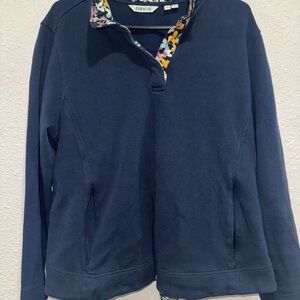 Orvis Blue Sweater with Vibrant Floral Trim